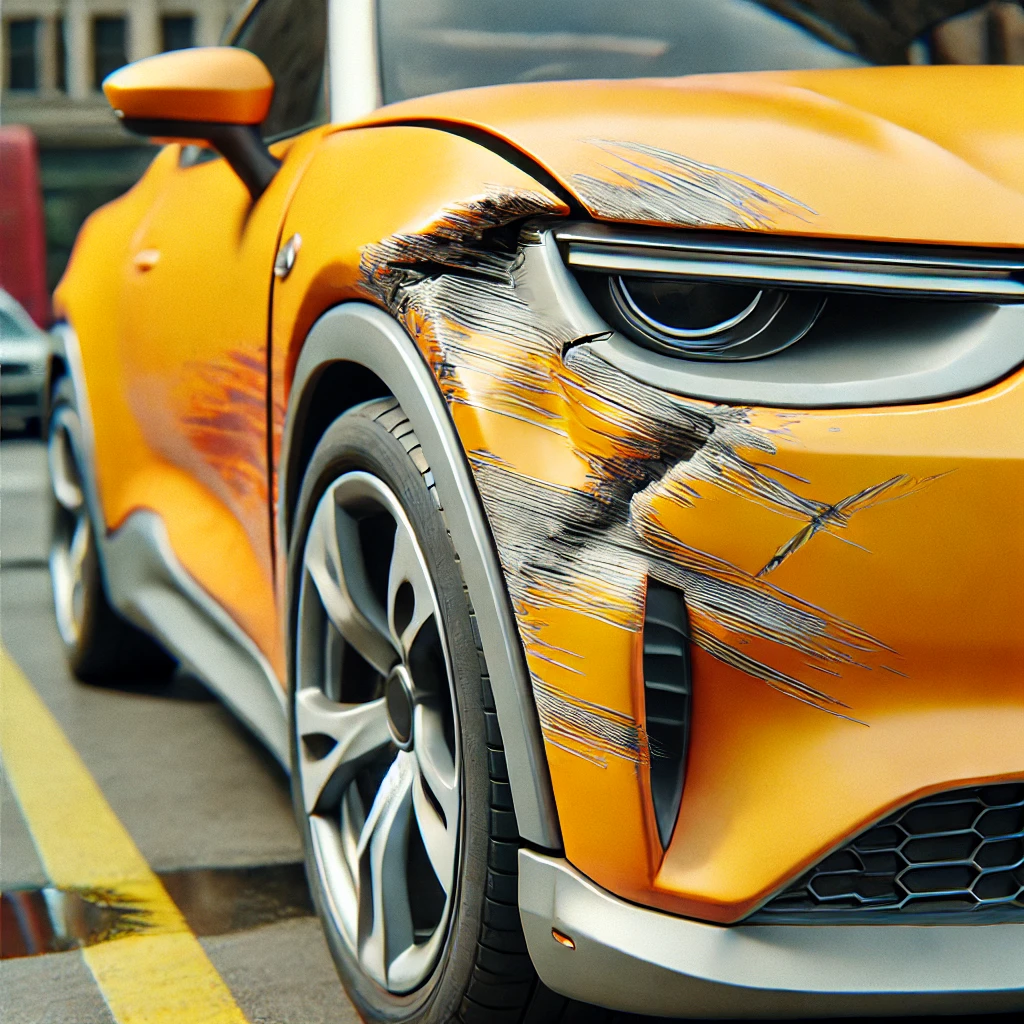 DALL·E 2024-06-25 00.10.42 - A close-up photograph of a modern yellow_orange non-sporty car with visible damage. Focus on a specific damaged area, such as the dented front bumper